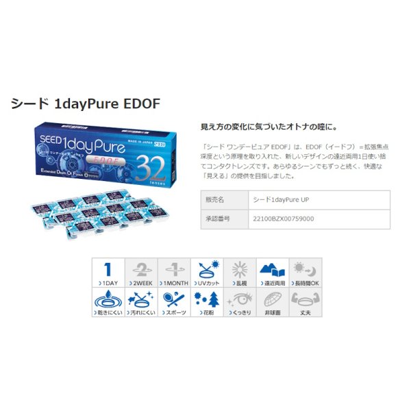 画像2: シード ワンデーピュア イードフ 32枚入 4箱セット(左右2箱ずつ)<SEED 1day Pure EDOF/拡張焦点深度/遠近両用/加入度数+0.75、+1.50、+2.25/マルチフォーカル> (2)
