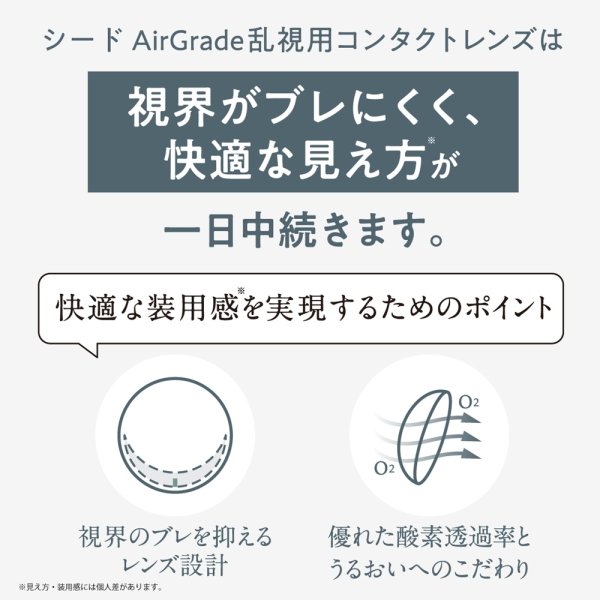 画像4: シード エアグレード 2ウィーク UV W-Moisture トーリック 6枚入 1箱＜SEED AirGrade 2week UV ダブルモイスチャー TORIC／乱視用／2週間交換型／UVカット／シリコーンハイドロゲル／低含水／高酸素透過／うるおい持続／乾きにくい／コンタクトレンズ＞ (4)
